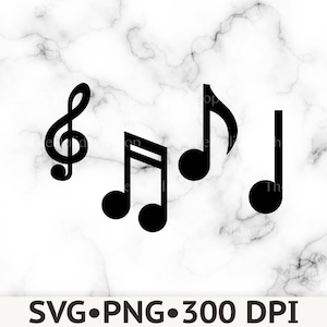 Könnte beinhalten: Ein schwarzes Grafikdesign mit einem Violinschlüssel und drei verschiedenen Musiknoten, die horizontal angeordnet sind. Unter den Musiksymbolen steht der Text SVG dot PNG dot 300 DPI in einer fetten, schwarzen Schrift auf weißem Marmor.