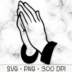 May include: Black and white line art illustration of two hands clasped together in prayer.