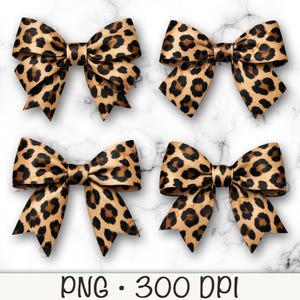 May include: Four leopard print bows with a tan background and dark brown spots. The bows are arranged on a white marble background. The text "PNG • 300 DPI" is at the bottom of the image.