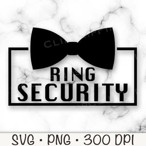 May include: Black bow tie graphic with the words "RING SECURITY" inside a black rectangular frame. The background is a white marble pattern. Below the frame are the words "SVG • PNG • 300 DPI".