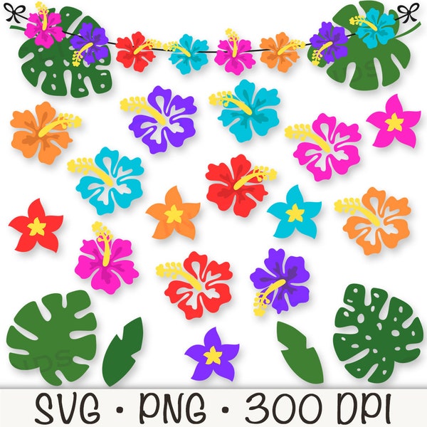 Hibiscus SVG, Hibiscus Garland Bunting, Hibiscus Clipart,Tropical Flowers, Plumeria, Hawaiian, Monstera Leaf, PNG, Instant Digital Download
