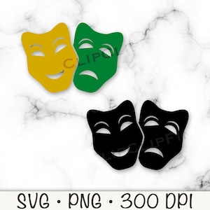 May include: Three pairs of theater masks in yellow, green, and black. Each pair includes a smiling mask and a frowning mask. The masks are set against a white marble background. The bottom of the image includes the text "SVG • PNG • 300 DPI".