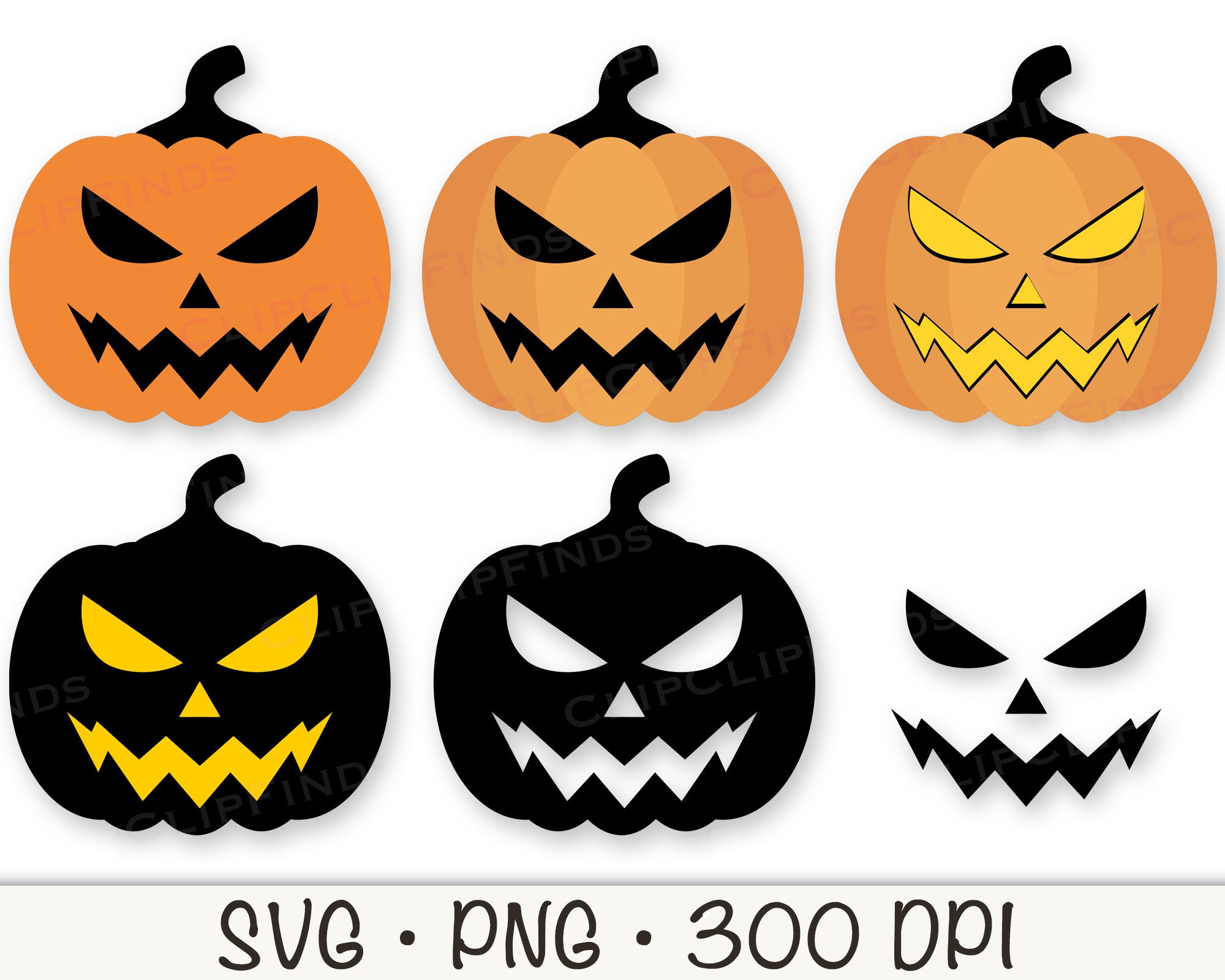 Mean Angry Scary Jack-o-lantern Halloween Pumpkin Face Bundle