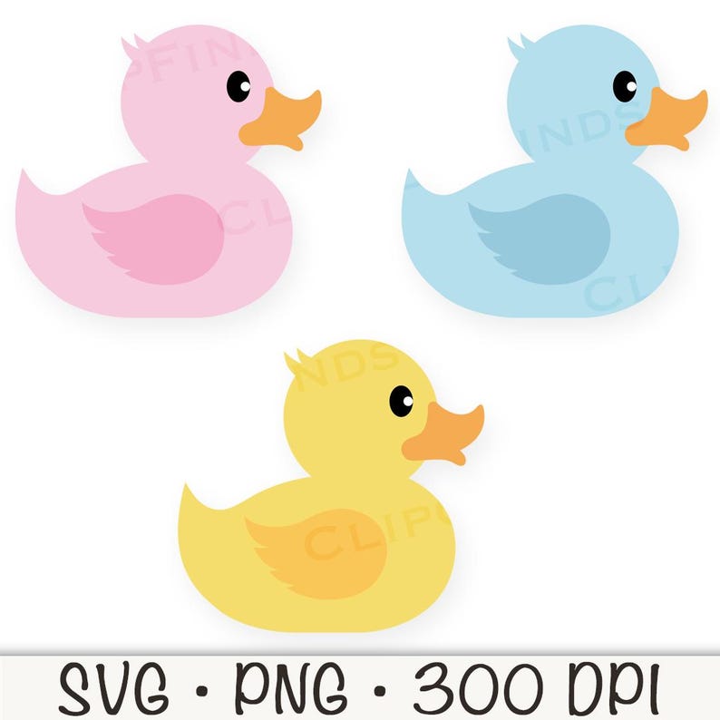 May include: Three rubber duck toys in different colours: pink, blue and yellow. Each duck has a simple design with a beak, eyes and a wing.