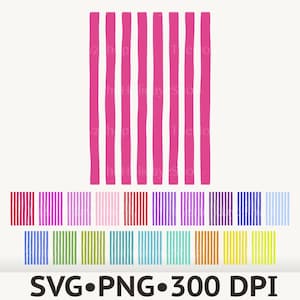 Könnte beinhalten: Eine digitale Grafikdatei mit einem großen zentralen Muster aus vertikalen, pinkfarbenen Streifen. Darunter befindet sich eine Sammlung von zweiunddreißig kleineren rechteckigen Mustern, die dasselbe vertikale Streifenmuster in vielen Farben zeigen.