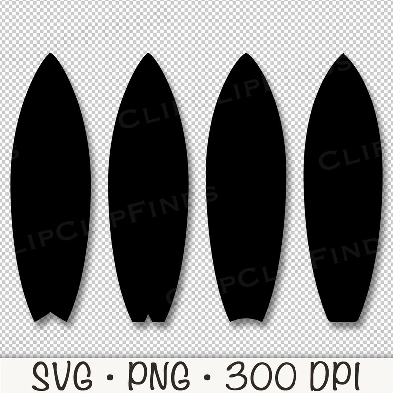 May include: Three black silhouette surfboards, each with a rounded top and a pointed bottom.