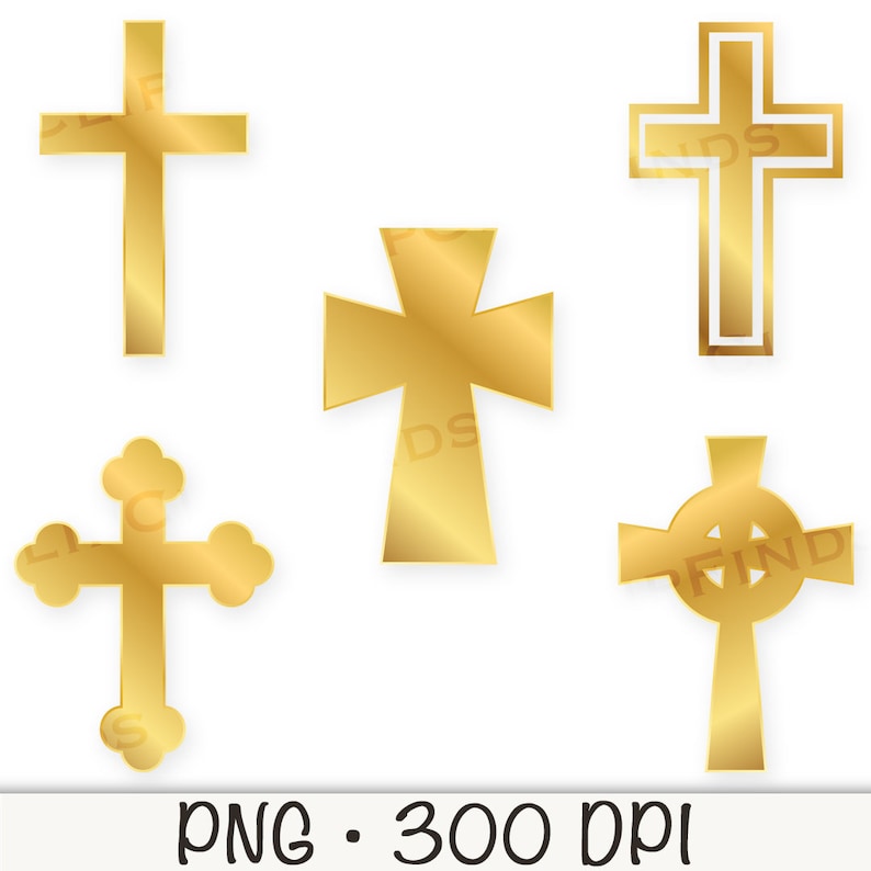 May include: Five gold crosses of different styles. The crosses are all in a simple, traditional design.