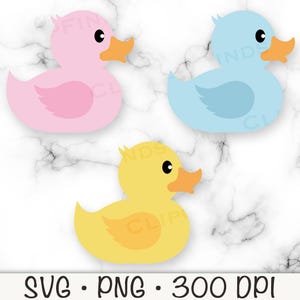 May include: Three rubber duck toys in different colours: pink, blue and yellow. The ducks are facing the right side of the image.