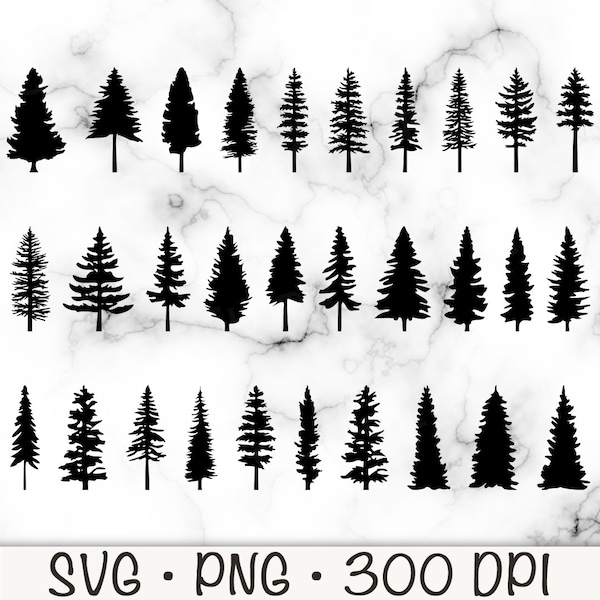 Pin Silhouette SVG Bundle Pack, arbres à feuilles persistantes PNG, téléchargement numérique instantané