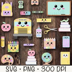 Süße Schulbedarf Clipart, Pastell Kawaii Schule Klassenzimmer PNG, Schule SVG, Kleber, Schere, Bücherwurm, Globus, Schulbus, Spitzer, Apfel