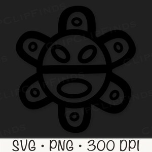 May include: Black and white illustration of a stylized sun with a face. The sun has a circle in the center and four rays extending out from the center. Each ray has a circle at the end.