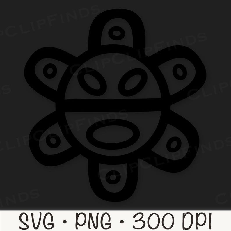 May include: Black and white illustration of a stylized sun with a face. The sun has a circle in the center and four rays extending out from the center. Each ray has a circle at the end.
