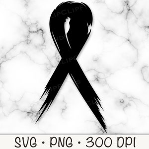 Schwarze Bewusstseinsschleife, Pinselstrich, Distressed Ribbon, SVG Vektorschnitt-Datei, PNG transparenter Hintergrund, Clip Art, Sofortiger digitaler Download
