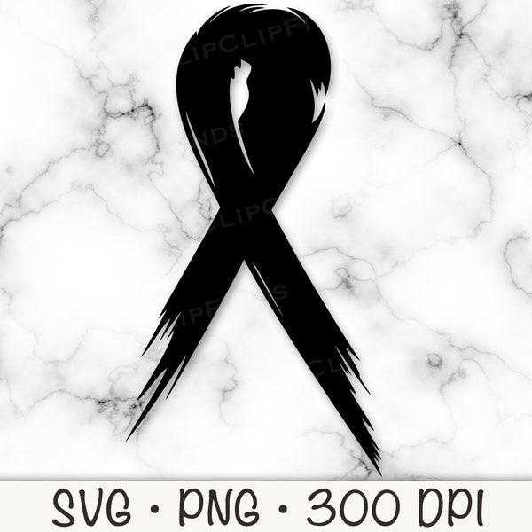 Black Awareness Ribbon, Brush Stroke, Distressed Ribbon, SVG Vector Cut File, PNG Transparent Background, Clip Art, Instant Digital Download