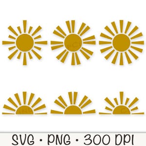 May include: A collection of six golden sun designs in various styles. The designs include full suns and half suns with radiating rays. The bottom of the image displays the text "SVG • PNG • 300 DPI".