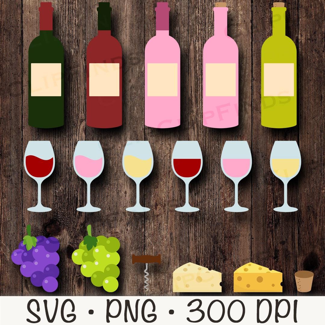 Wine Clipart PNG, Wine SVG, Pink Wine, Wine Glass, Grapes, Green Grapes, Cheese, Cork, Cork Opener, Red Wine, Moscato, Digital Download File