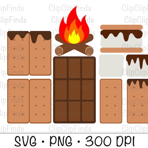 Smores, S'mores, Smores Clipart Bundle, Marshmallow, Graham Crackers, Pit Fire, Camping, SVG, PNG, Instant Digital Download
