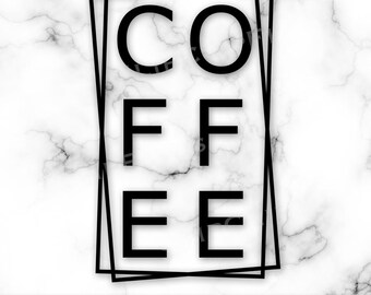 Może przedstawiać: Czarno-biały projekt graficzny z napisem "COFFEE" w pogrubionym kroju pisma, otoczony czarną kwadratową ramką.