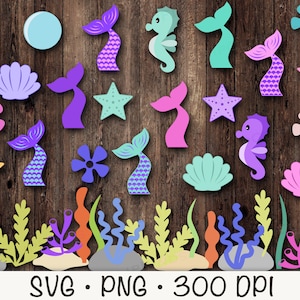 Cola de sirena SVG, concha svg, caballito de mar svg, plantas marinas clipart, algas PNG, lindo clipart marino, cumpleaños de sirena, descarga digital instantánea