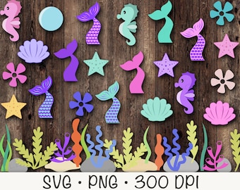 May include: A set of 16 digital clipart images featuring mermaid tails, seahorses, starfish, seashells, and seaweed in various colors. The images are perfect for crafting projects, scrapbooking, and digital design.