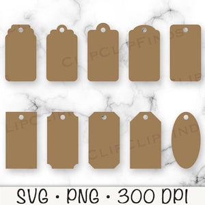 May include: A collection of brown paper tags in various shapes, including rectangular, oval, and with decorative edges. Each tag has a small hole at the top for stringing. The image also includes the text "SVG • PNG • 300 DPI".