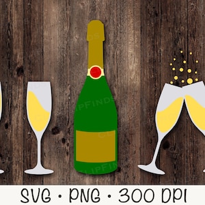 Champagne Glass Flutes Cheer, Champagne Bottle, New Year, SVG Vector Cut File and PNG Transparent Background, Clip Art, Instant Download