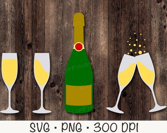 Champagne Glass Flutes Cheer, Champagne Bottle, New Year, SVG Vector Cut File and PNG Transparent Background, Clip Art, Instant Download