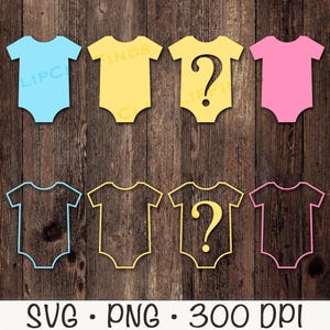 Body de bebé, niño, niña, contorno de body, revelación de género, signo de interrogación, centro de mesa, SVG, PNG, imágenes prediseñadas para baby shower, adorno, descarga digital