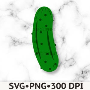May include: A bright green pickle illustration with dark green spots. The pickle is elongated with a rounded top and bottom. The text "SVG • PNG • 300 DPI" is at the bottom of the image.