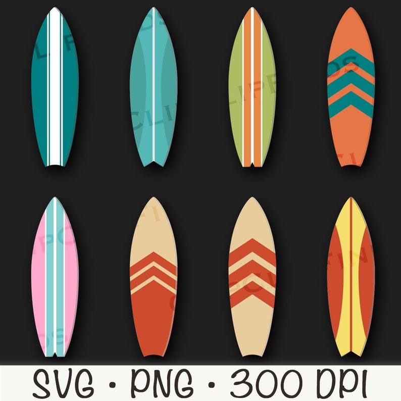 May include: Set of ten colorful surfboard illustrations with various patterns, including stripes, zigzags, and geometric designs. The surfboards are all the same size and shape, and they are arranged in two rows of five.