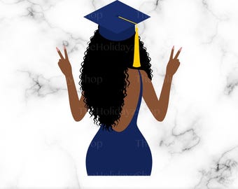 Laurea SVG, Laureata di colore PNG, Vista posteriore con abito e cappello blu, Capelli ricci, Ragazza afroamericana, Segno della pace, Download digitale