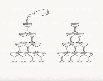 Clipart di torre di champagne, disegno a mano libera di una torre di champagne, brindisi, celebrazione, laurea, matrimonio, fidanzamento, minimal, SVG PNG