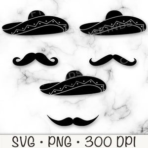 Mexikanischer Sombrero und Schnurrbart, Cinco de Mayo, SVG Vektorschnittdatei und PNG, Monogramm, transparenter Hintergrund, Sublimation, Sofort Download