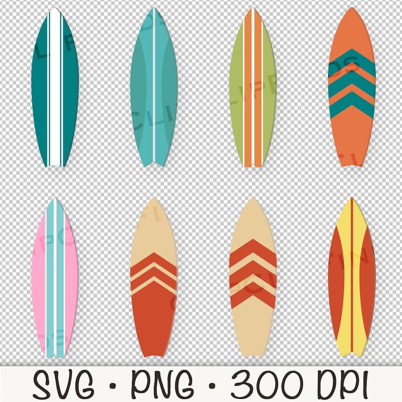 May include: Set of eight colorful surfboard illustrations with various designs, including stripes, zigzags, and solid colors. The surfboards are all in a classic surfboard shape and are perfect for adding a beachy vibe to your projects.
