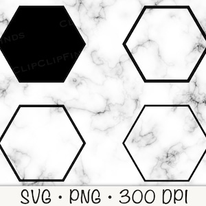 May include: Four black hexagonal frames on a white marble background. The frames are outlined in black and are empty.