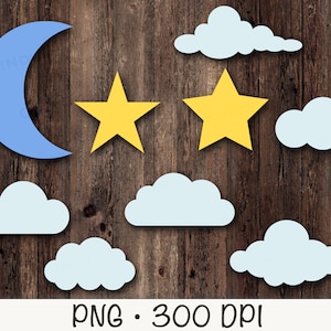Wolken, maan en sterren SVG, PNG, clipart, instant digitale download