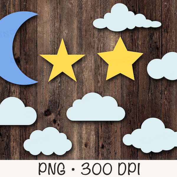 Clouds, Moon, and Stars SVG, PNG, Clipart, Instant Digital Download