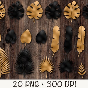 Tropische bladeren, goud en zwart goud metallic tropische bladeren PNG clipart, goudfolie plantaardige, bladgoud, instant digitale download