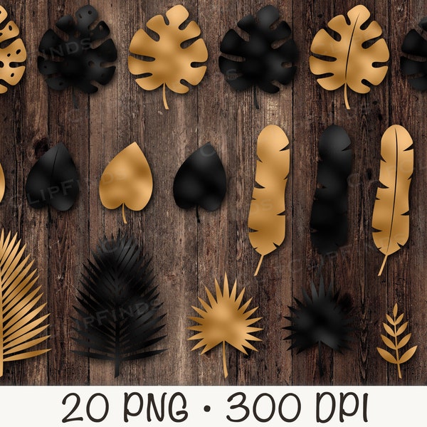 Tropical Leaves, Gold and Black Gold Metallic Tropical Leaves PNG Clipart, Gold Foil Botanicals, Gold Leaves, Instant Digital Download