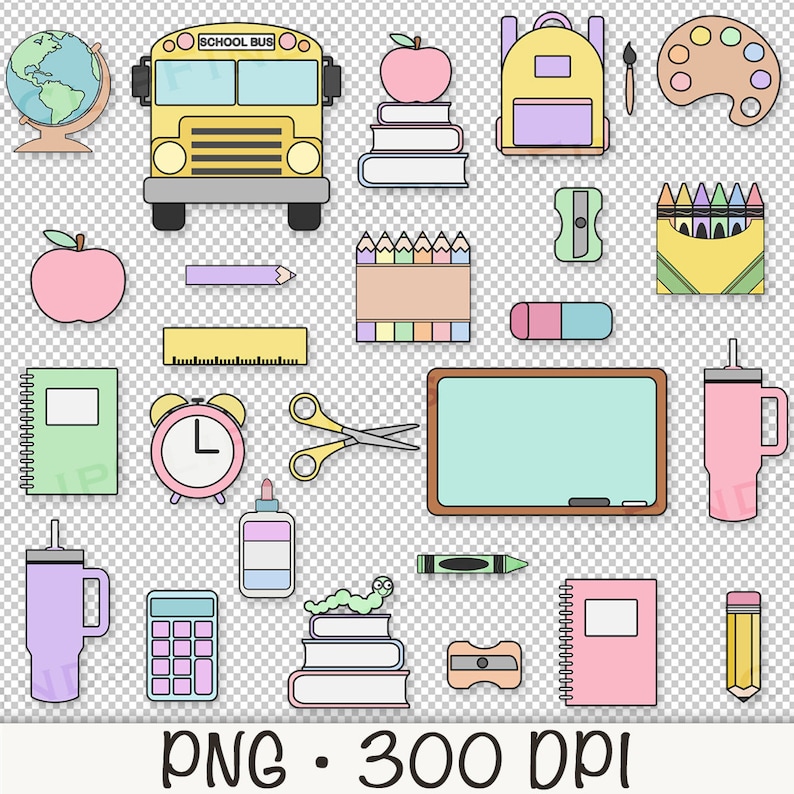 Puede incluir: Un conjunto de &uacute;tiles escolares coloridos, que incluyen un autob&uacute;s escolar amarillo, una fiambrera rosa, un cuaderno verde, un despertador rosa, una botella de agua morada, una calculadora rosa, una pizarra verde, una pila de libros, un l&aacute;piz, una regla, unas tijeras, un gusano verde, un cray&oacute;n rojo, una goma de borrar rosa, un l&aacute;piz morado, una caja de crayones amarilla, una manzana rosa, una paleta de pintura azul, un pincel y una mochila amarilla. El texto "SCHOOL BUS" est&aacute; en la parte delantera del autob&uacute;s.