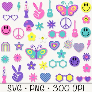 Clipart retro con mucho estilo, SVG hippie, PNG hippie, Flower Power, cara feliz, flor de margarita, lámpara de lava, signo de la paz con la mano, gafas de sol con margaritas y corazones