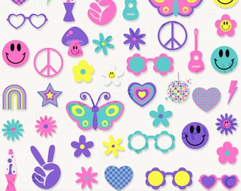 Clipart retrò, SVG hippie, PNG hippie, Flower Power, Faccina felice, Margherita, Lampada di lava, Segno della pace con la mano, Occhiali da sole a forma di cuore e margherita