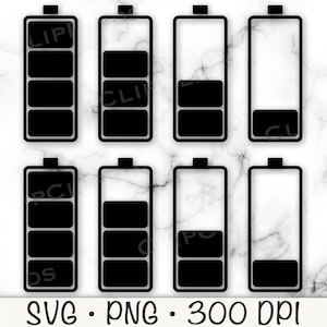バッテリー SVG、バッテリー寿命アイコン バンドル、バッテリー シルエット、ベクター カット ファイルおよび PNG 透明背景昇華、デジタル ダウンロード