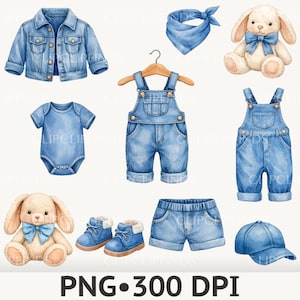 Könnte beinhalten: Aquarell-Illustration von Babykleidung und Accessoires in Blautönen. Enthält eine Jeansjacke, Latzhosen, Shorts, einen Body, eine Baseballkappe, ein Halstuch, zwei Stoffhasen mit blauen Schleifen und ein Paar blaue Stiefel.