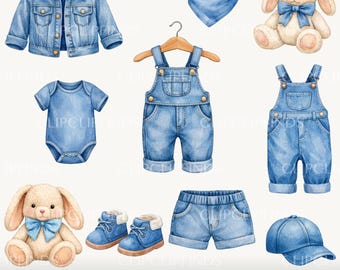 Clipart di jeans per neonati, neonato in denim blu, vestiti in denim ad acquerello, baby shower, baby sprinkle, baby shower PNG, western, cowboy, file digitale