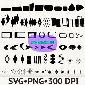 May include: A collection of 60 black graphic shapes arranged in rows, including geometric forms, starbursts, boomerangs, and diamonds. The center features a purple oval with the text 60 SHAPES, and the bottom displays the text SVG PNG 300 DPI.