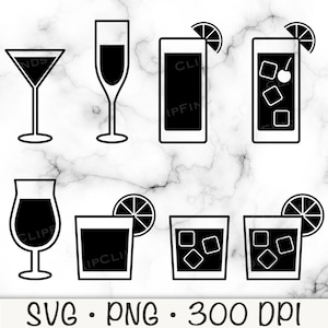 Pacchetto SVG di cocktail, champagne, martini, whisky, piña colada, bevande alcoliche, icone, forme silhouette, sublimazione, download digitale