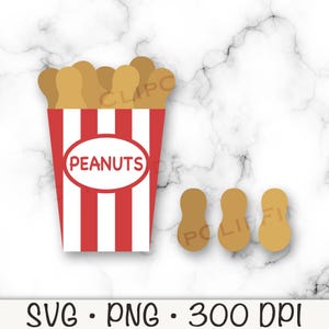 May include: A graphic illustration of a red and white striped peanut container with the word "PEANUTS" in a red oval. Three peanuts are next to the container. The bottom of the image has the text "SVG • PNG • 300 DPI".