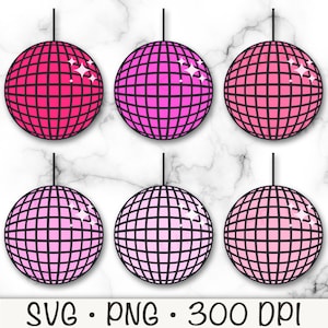 Bola de discoteca rosa SVG, bola de discoteca PNG, clipart de bola de discoteca, anos 70, retrô, pacote de bola de discoteca, download digital