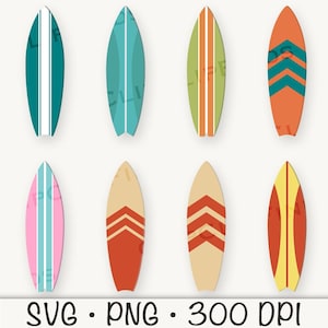 May include: Set of eight colorful surfboard illustrations with various patterns, including stripes, zigzags, and chevron designs. The surfboards are all in a classic shape and are perfect for adding a beachy vibe to your projects.